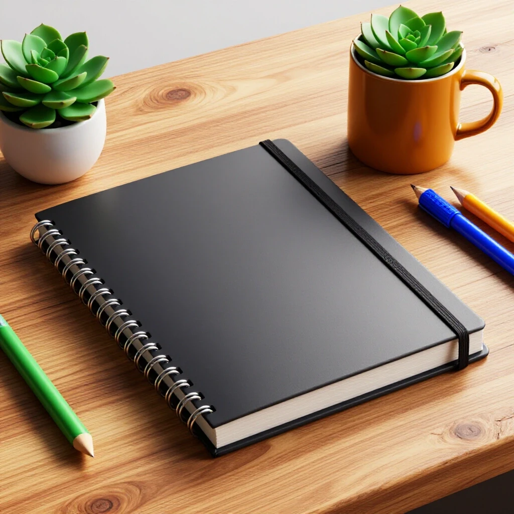A beautifully organized notebook on a rustic wooden table, surrounded by a mug, succulent, and colorful stationery with warm sunlight glow.