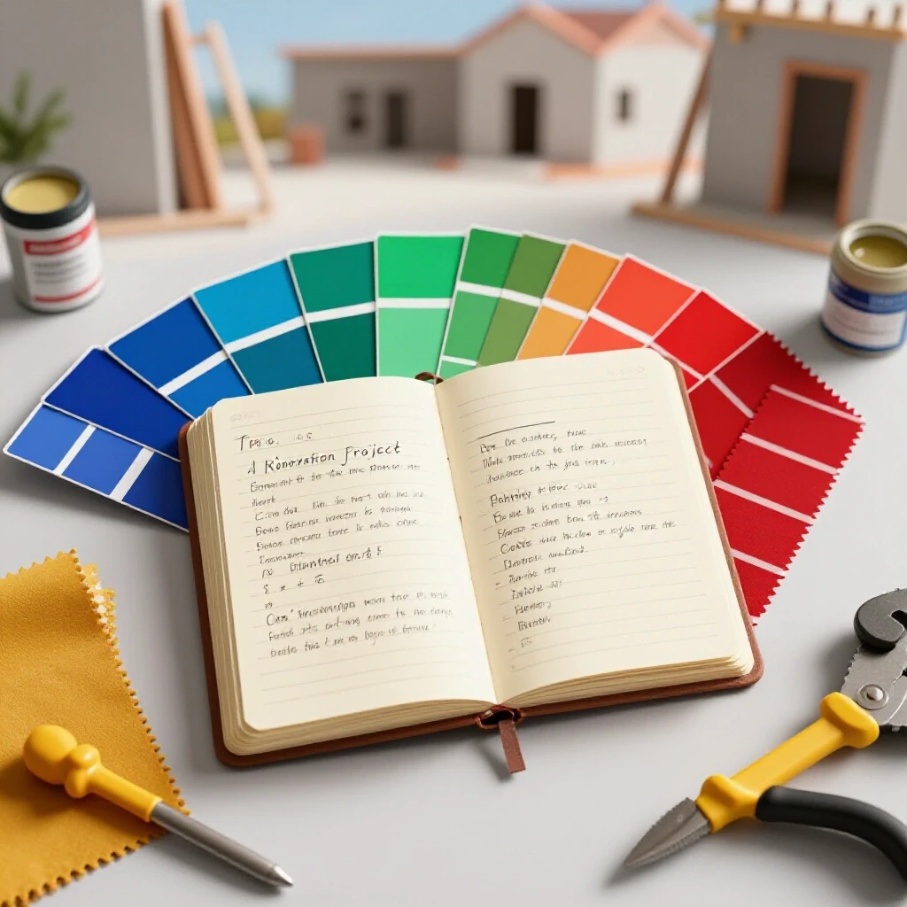 A well-organized workspace with an open vintage notebook, colorful paint swatches, fabric samples, and tools, surrounded by bright studio lighting.