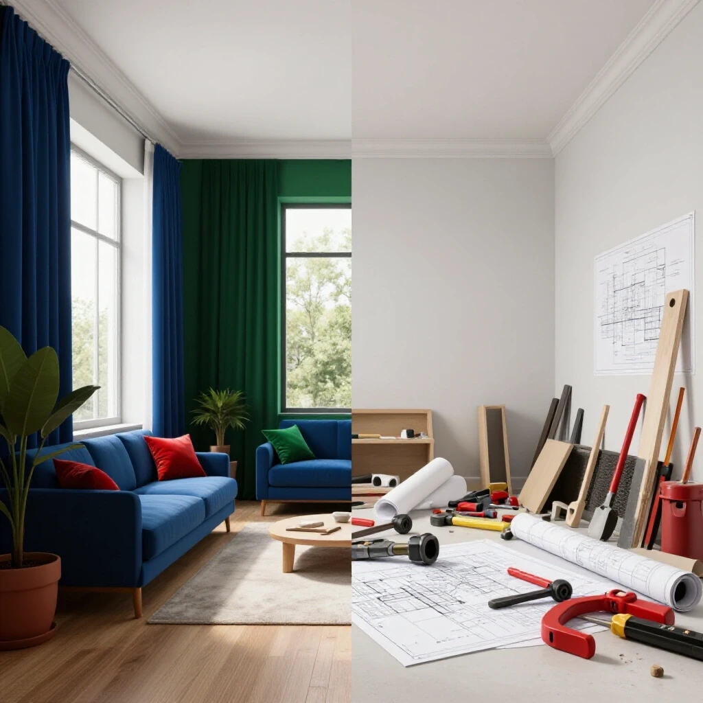 A split scene image showcasing a renovated modern room and a cluttered outdated space filled with tools, representing home renovation lessons.