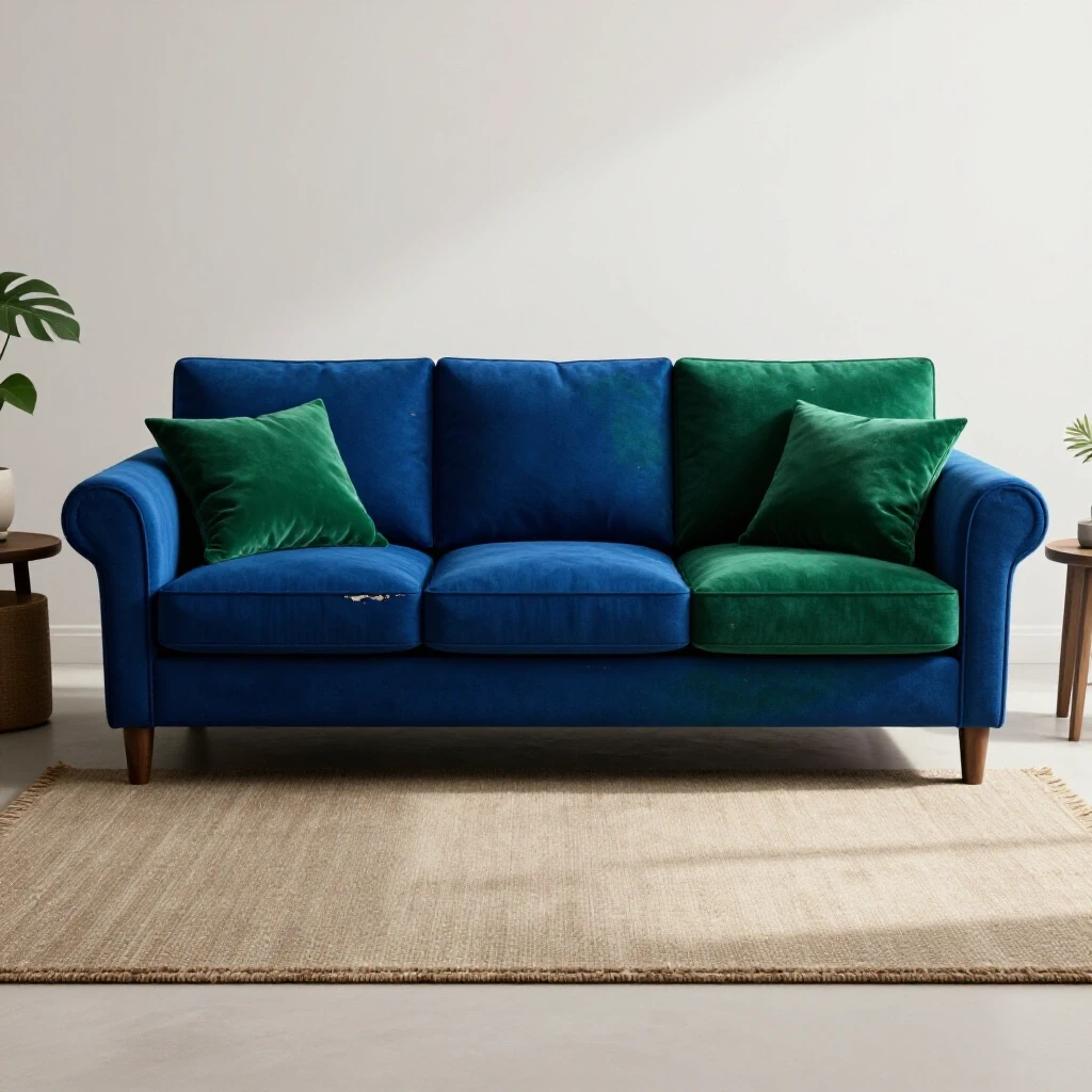 A renovated living room featuring deep colors and subtle imperfections highlighted by dramatic lighting.