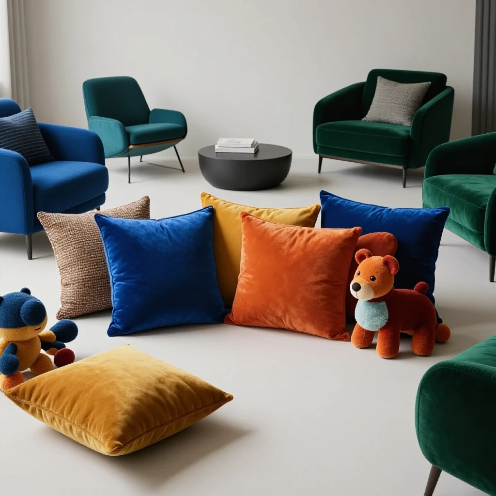A colorful living room designed for families, featuring bright cushions and modern furniture for a kid-friendly space.