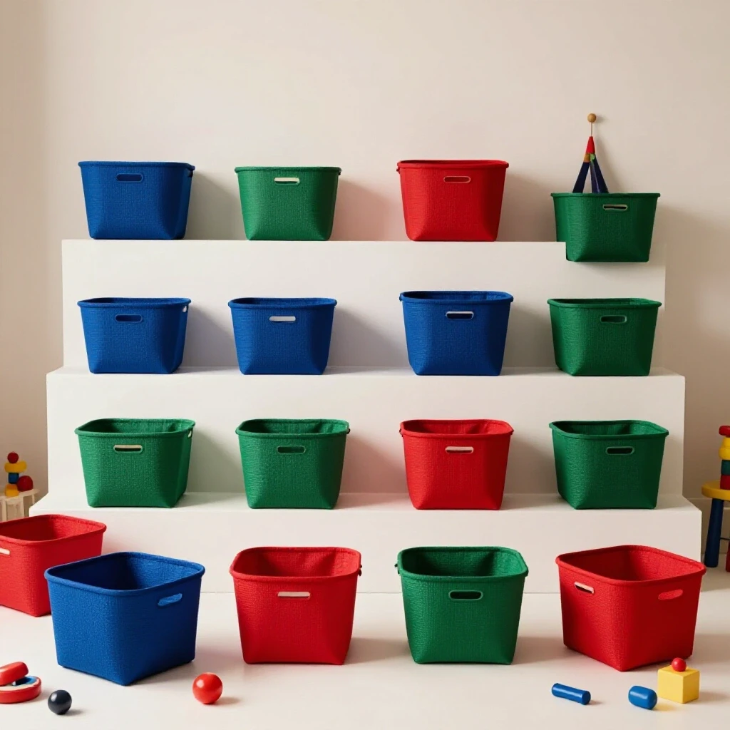 Colorful storage bins arranged in a bright playroom, showcasing vibrant organization for family cleaning.