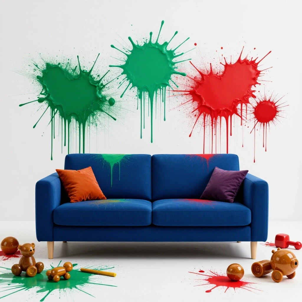 A chaotic yet stylish living room with a deep royal blue sofa surrounded by colorful paint and toys, illustrating durability challenges.
