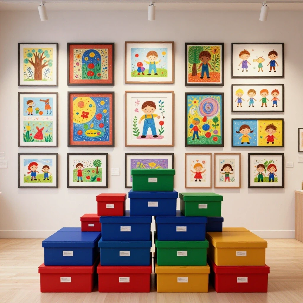 A neatly organized gallery wall showcasing kids' colorful artwork with pastel-colored storage boxes in the foreground.
