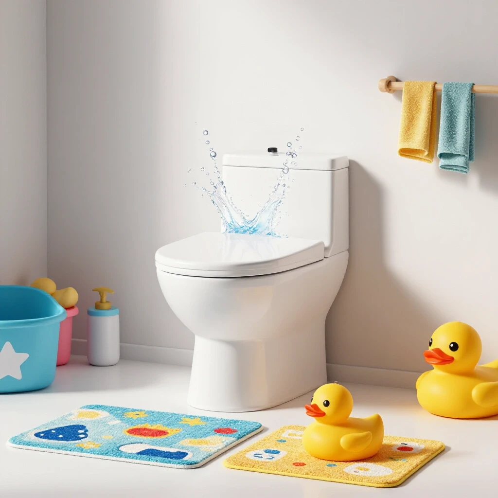 A playful bathroom scene featuring durable fixtures, rubber ducks, and colorful bath mats on a bright background.