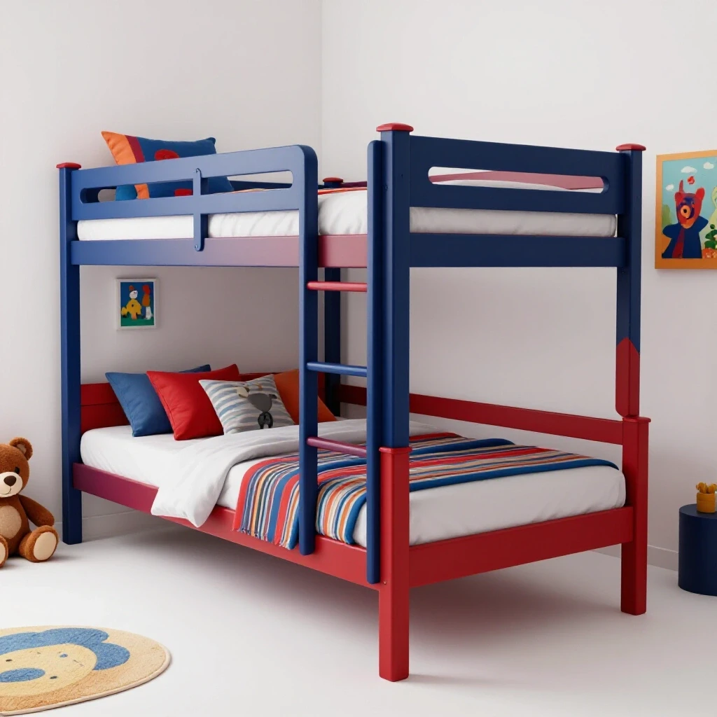 A vibrant kids' bedroom featuring a modern bunk bed with colorful decor and playful elements.