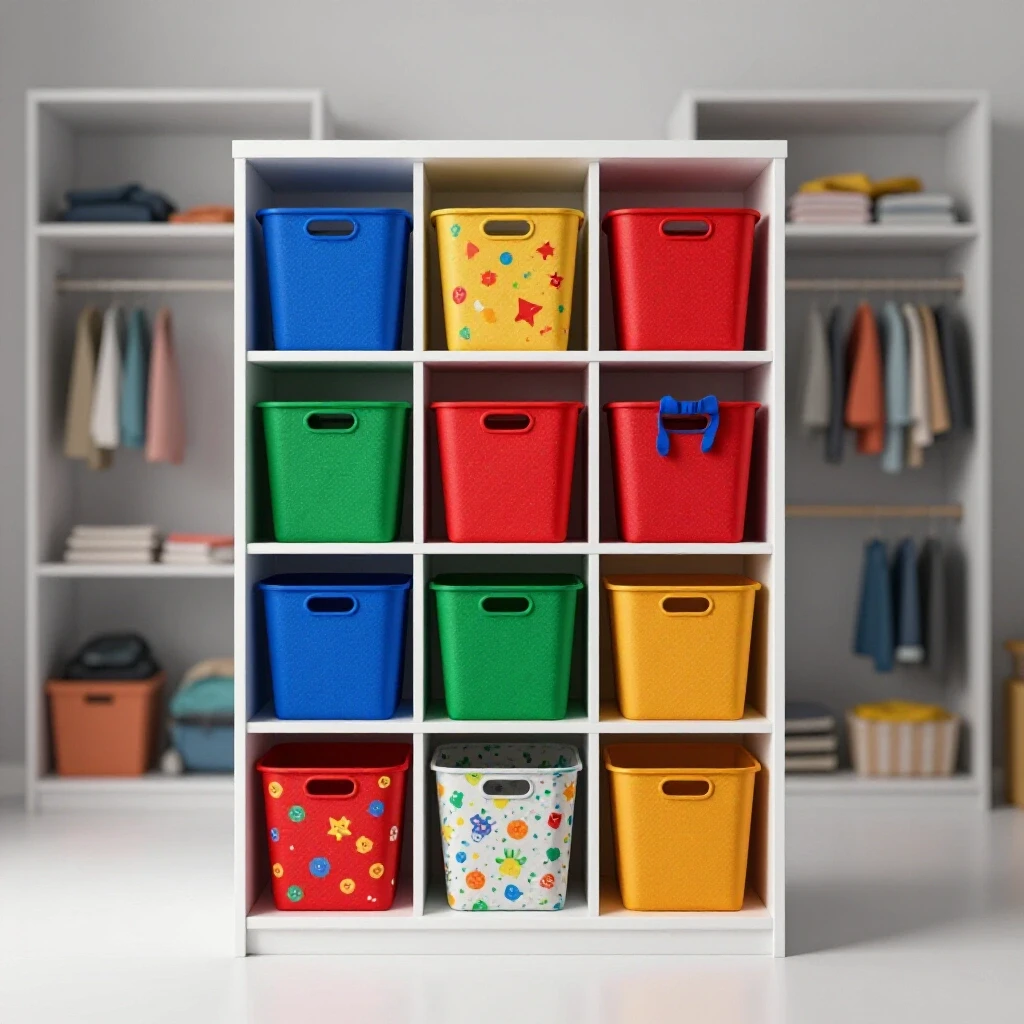 A vibrant and organized kids' closet with colorful bins, contrasting with a cluttered closet background to illustrate organization.