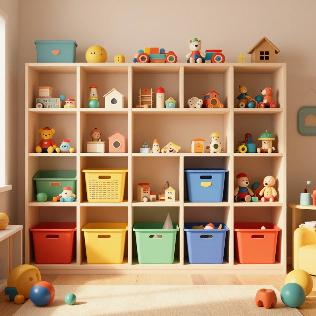 A vibrant kids' room showcasing neatly organized toys in colorful bins against a soft, minimalistic background.