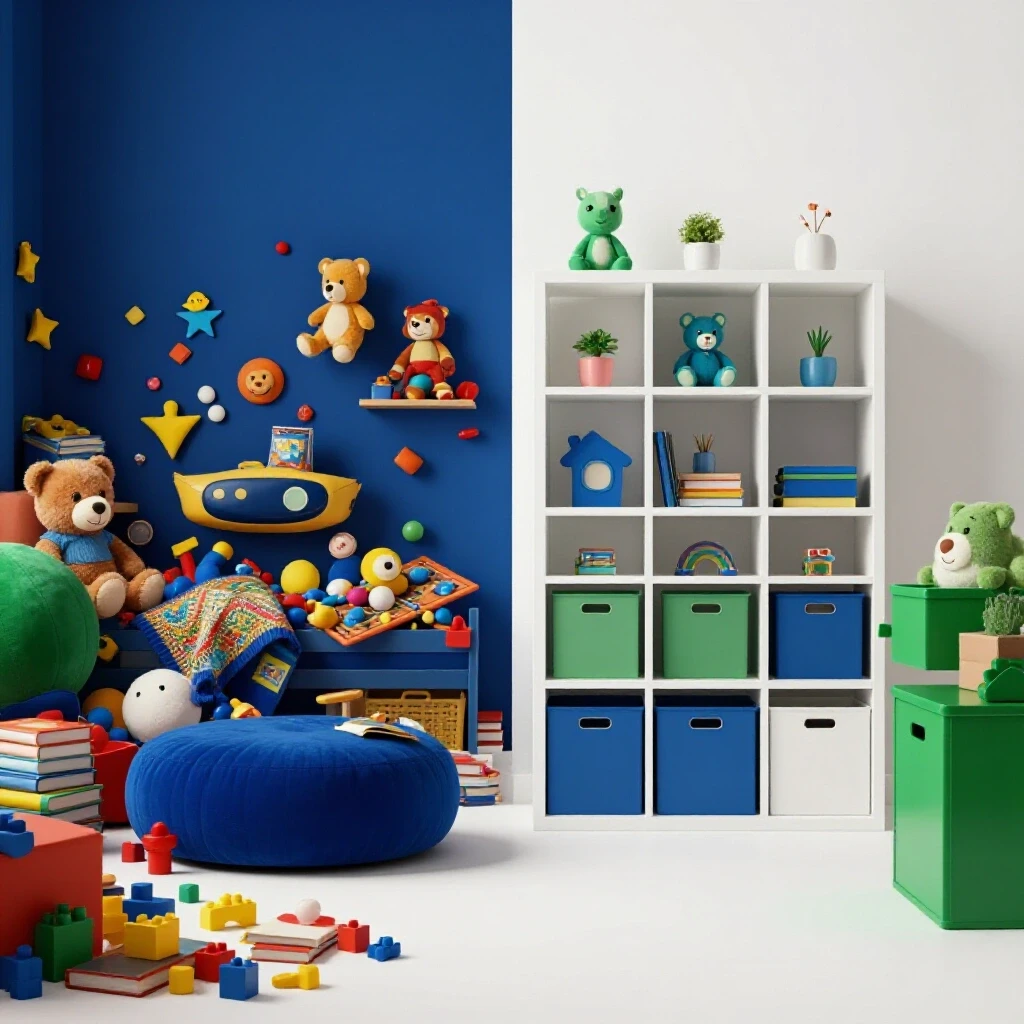 A vibrant kids' room split between chaotic clutter and organized storage solutions, showcasing contrasting colors and textures.