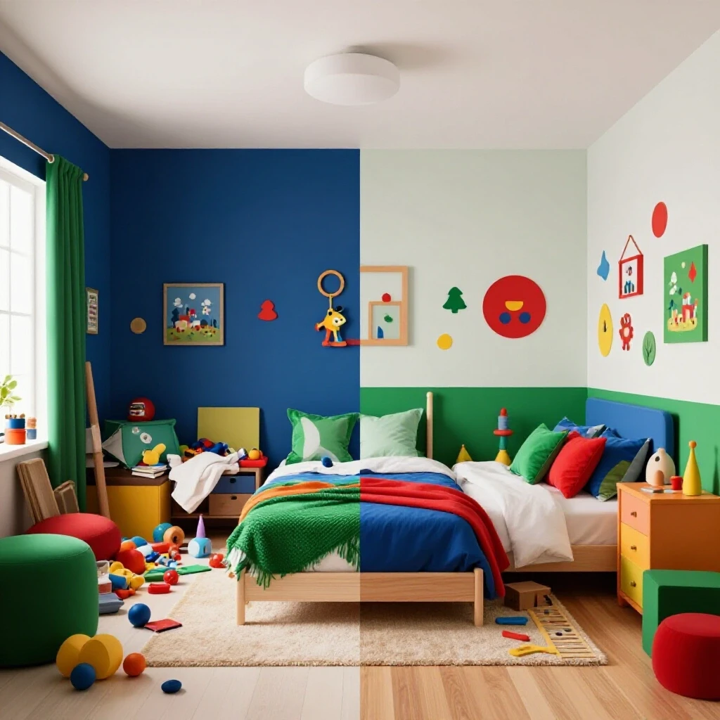 A split image of a vibrant kids' room remodel showcasing a messy side and an organized colorful sanctuary, symbolizing transformation.