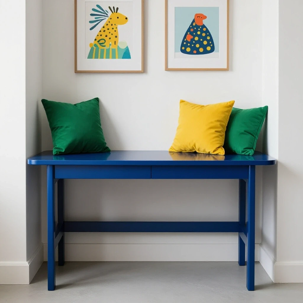 Vibrant kids' study nook with a modern desk and colorful decor, inviting creativity and warmth.