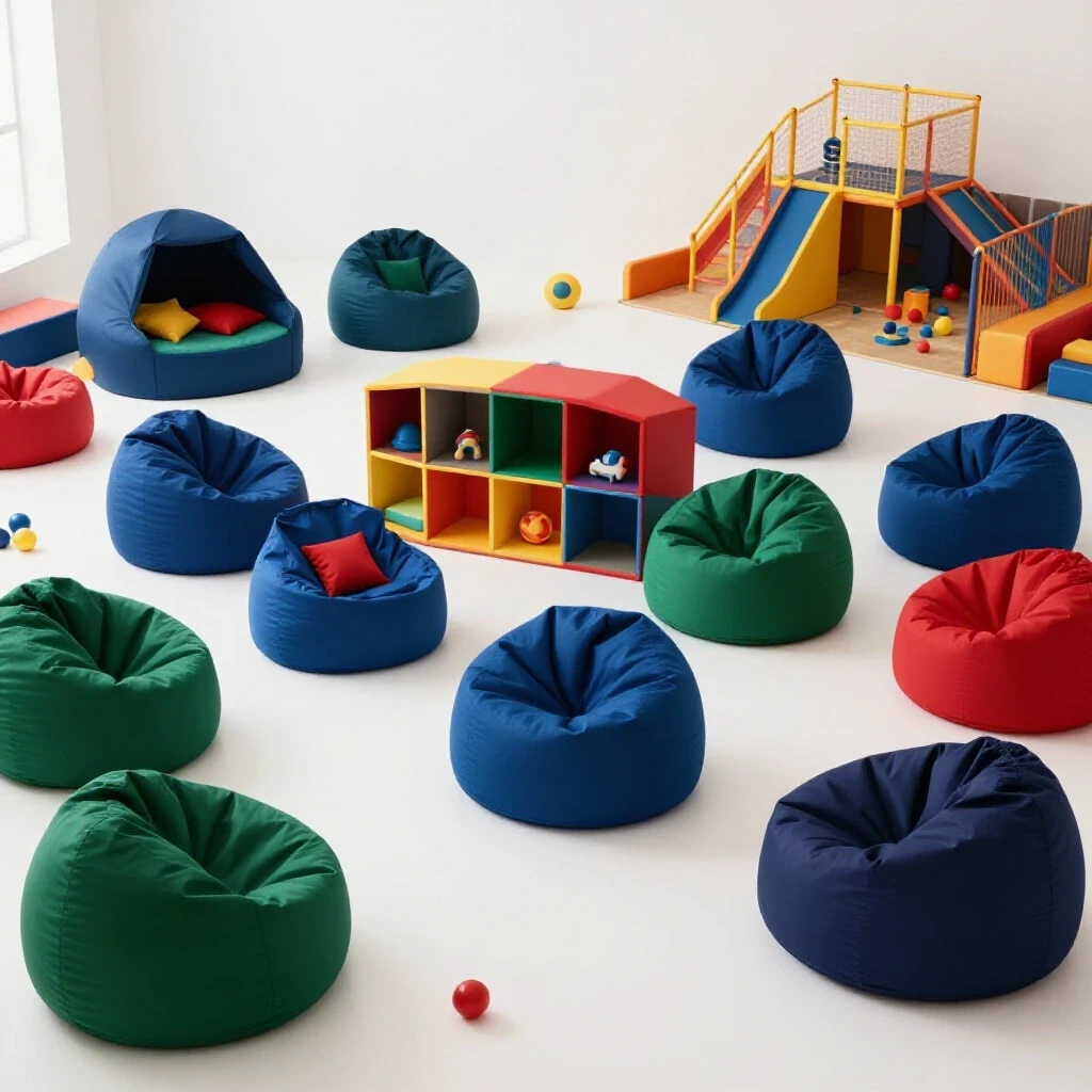 A vibrant kids' play area featuring colorful furniture, storage solutions, and toys, showcasing a cozy reading nook and energetic play space.