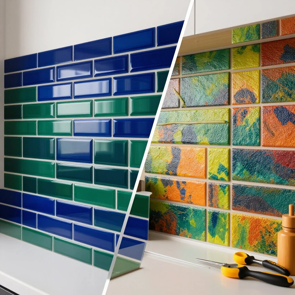 A visually striking split-image comparing a professional kitchen backsplash with a DIY version, highlighting key differences.