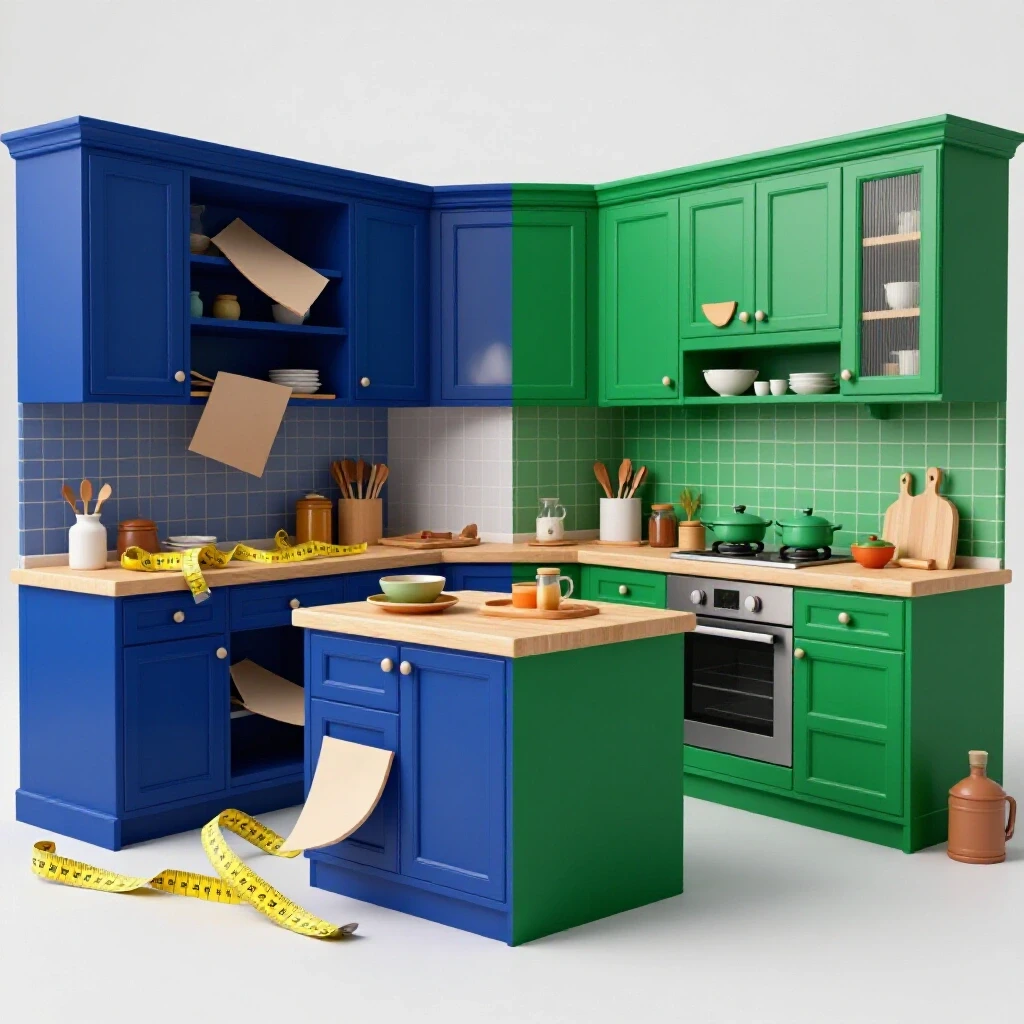 A striking visual comparison of a chaotic kitchen with misaligned cabinets and a neatly organized kitchen showcasing perfect cabinets.