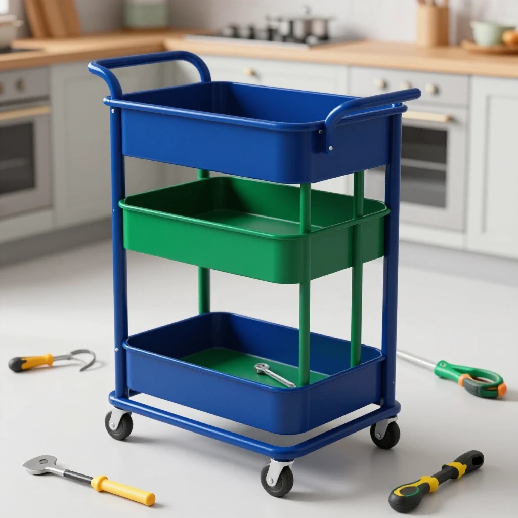 A vibrant partially assembled kitchen cart with tools in a cozy kitchen setting, highlighting the assembly process.