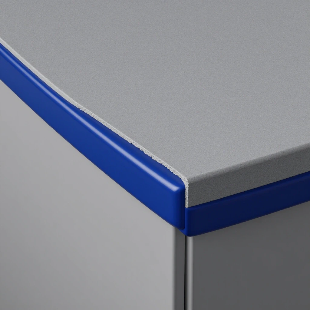 Close-up view of a kitchen countertop edge showcasing a polished finish contrasted with a rough edge.