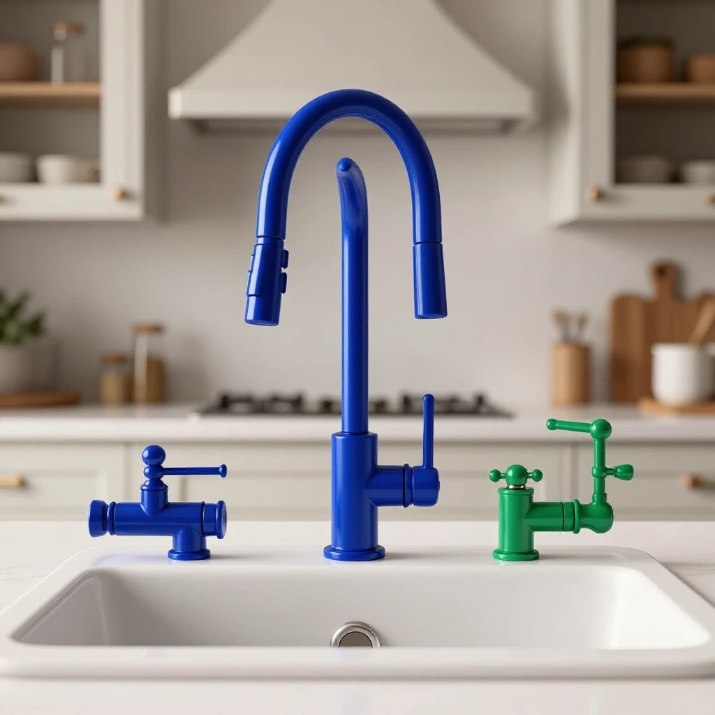 A stunning kitchen sink with an exaggerated tall faucet and a smaller traditional faucet, highlighting the contrast in height.