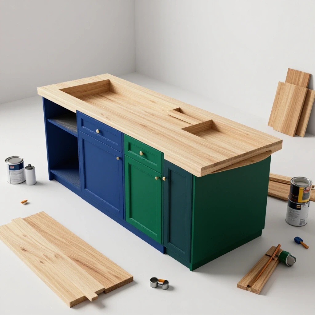 A partially constructed kitchen island surrounded by DIY materials like wood planks, tools, and paint cans.