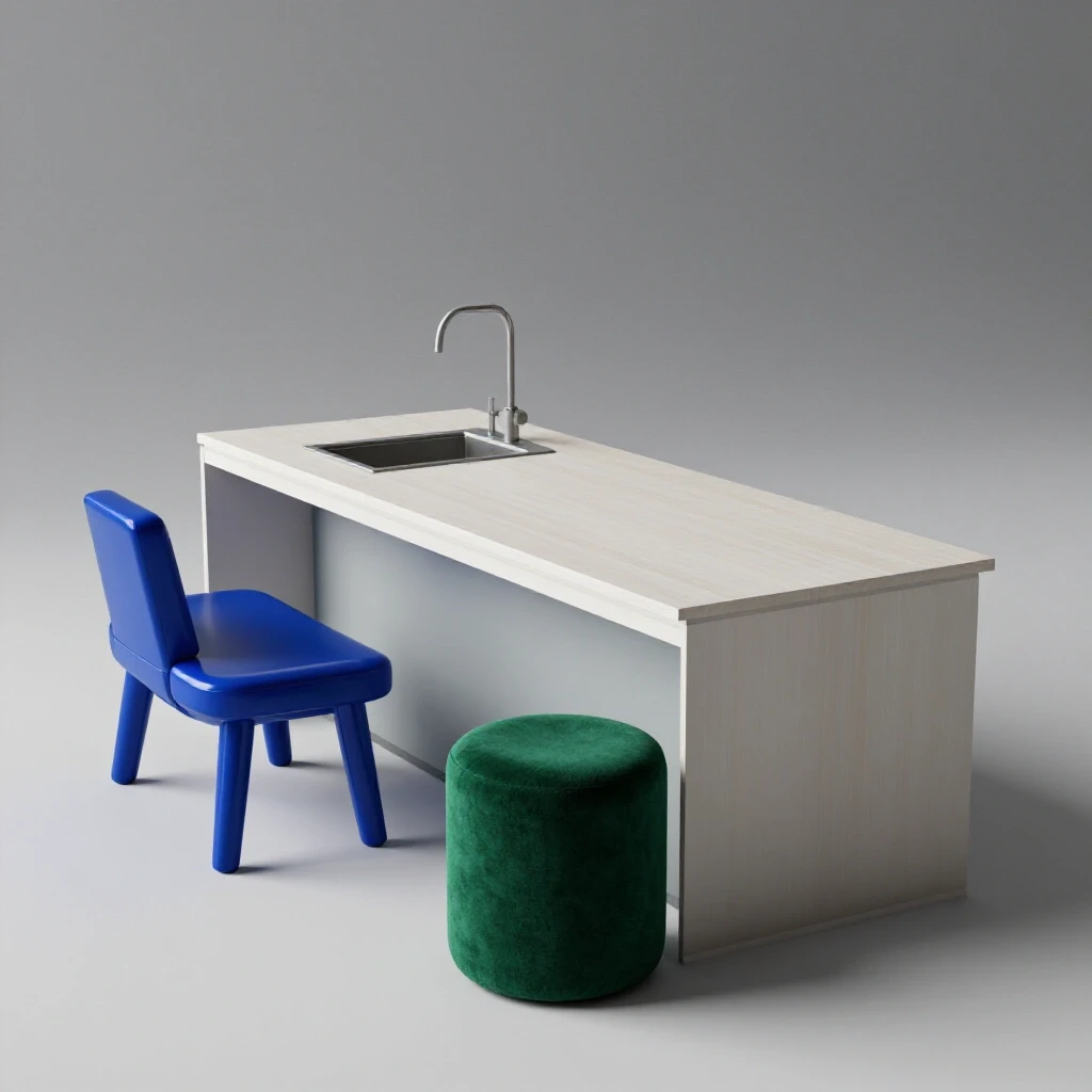 A vibrant kitchen island surrounded by modern and rustic seating options, showcasing contrasting styles and textures.