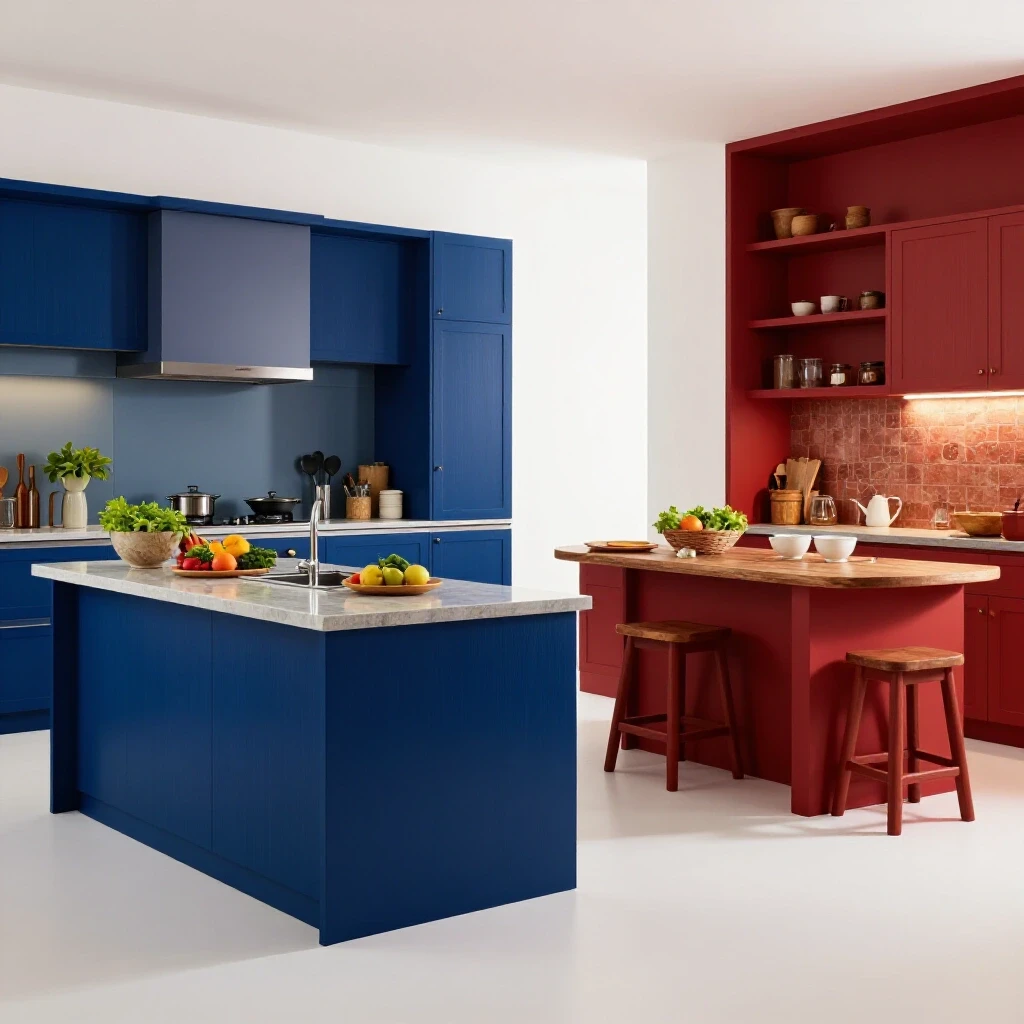 A split image showcasing a modern kitchen island in royal blue contrasting with a cozy kitchen peninsula in crimson red, emphasizing different styles.