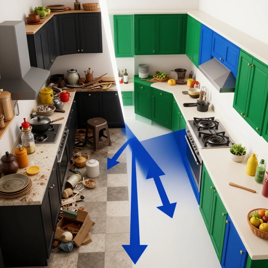 A vibrant 3D-rendered kitchen transformation image, contrasting a cluttered layout with an open, organized space.