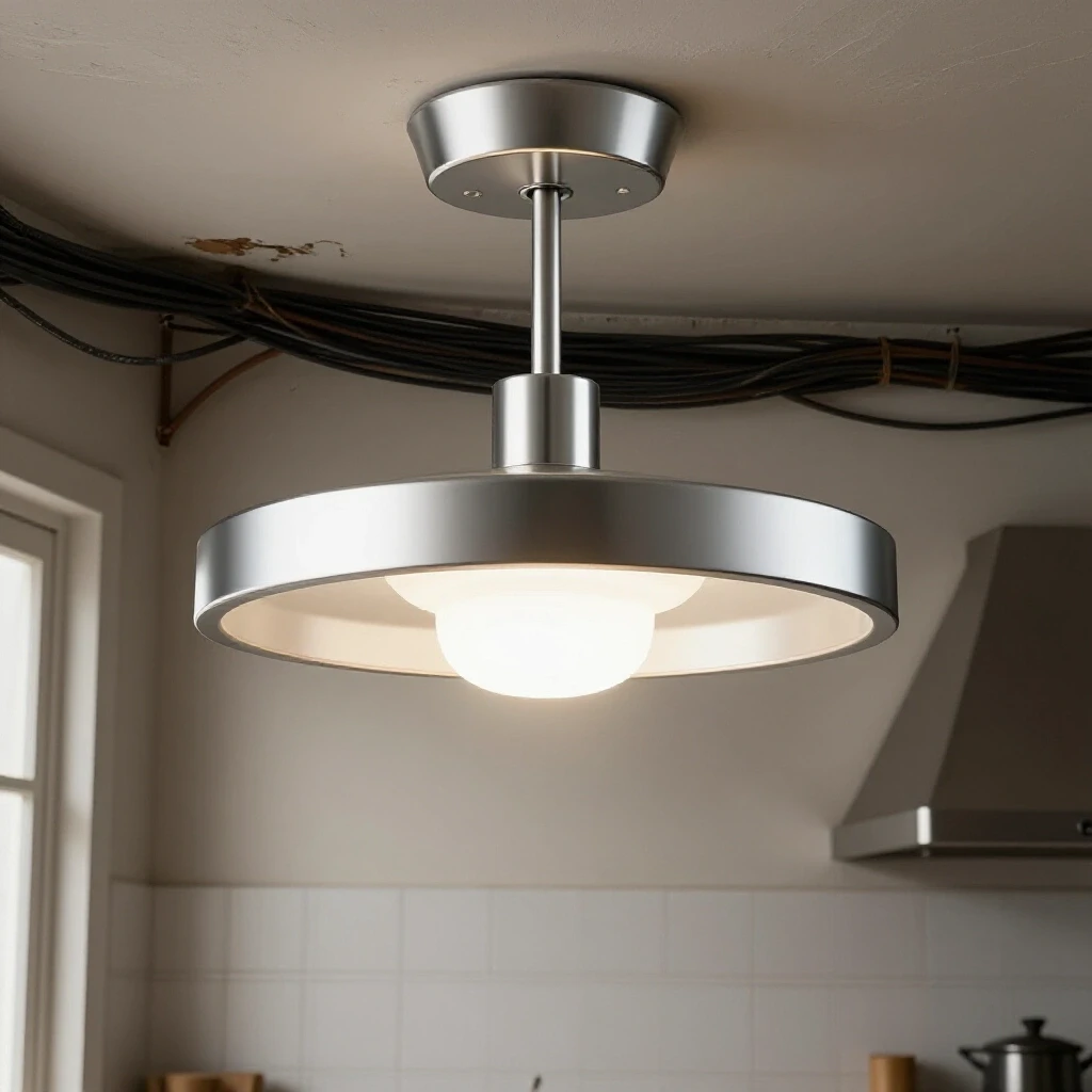 A bright modern kitchen light fixture contrasting with dark, aged wiring in an old kitchen setting.
