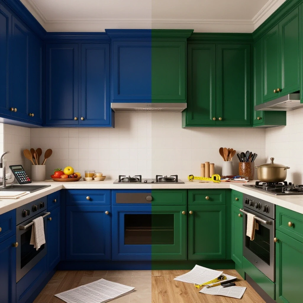 Split-screen image contrasting a modern remodeled kitchen with a cluttered outdated kitchen, highlighting remodeling costs.
