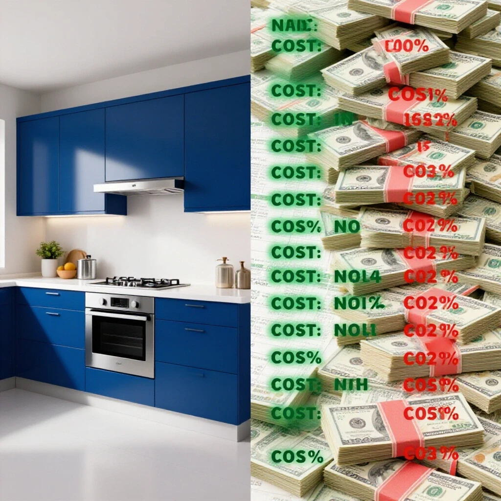 A visually striking kitchen remodel split-image against a clean white background: modern kitchen on one side, cost breakdown on the other.