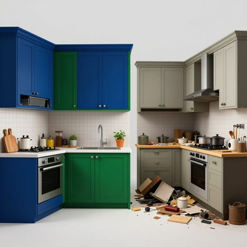 A split view of a beautifully remodeled kitchen contrasted with a cluttered, poorly designed kitchen, highlighting design choices.