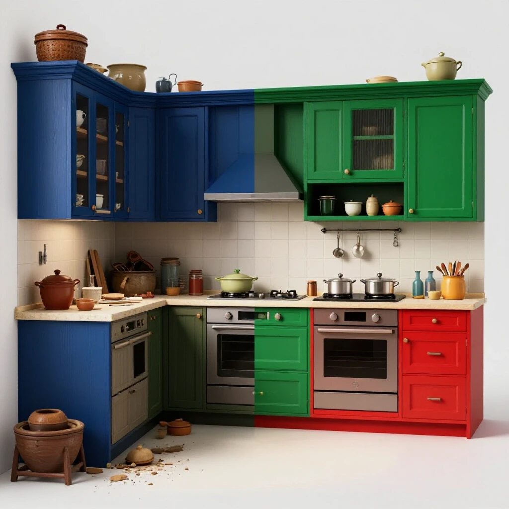 A captivating kitchen remodel image showing a contrasting side-by-side comparison of an old cluttered kitchen and a modern stylish kitchen design.