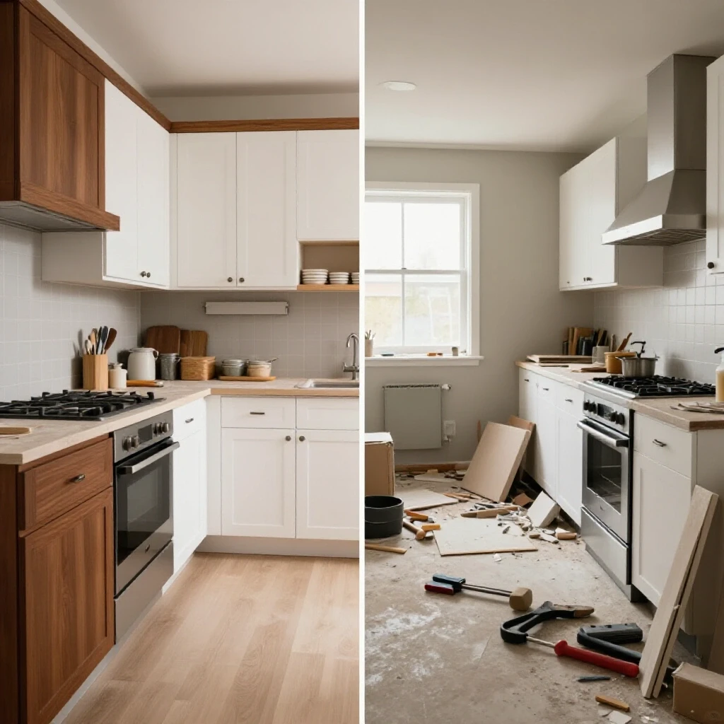 A split-image showing a stunning remodeled kitchen contrasted with a chaotic renovation scene, illustrating the journey of home improvement.