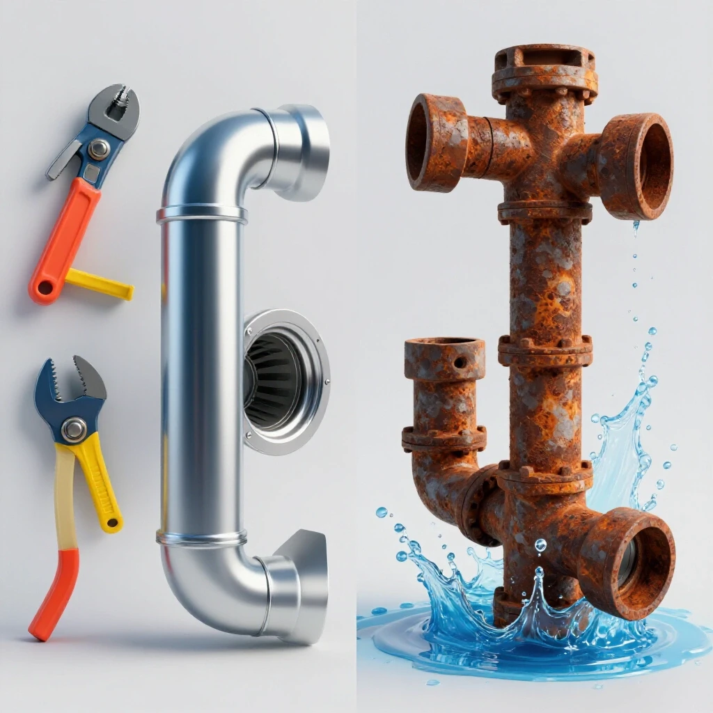 A dynamic split image showing a new shiny drain pipe and tools on one side, and a rusty pipe with water splashes on the other, illustrating a plumbing transformation.