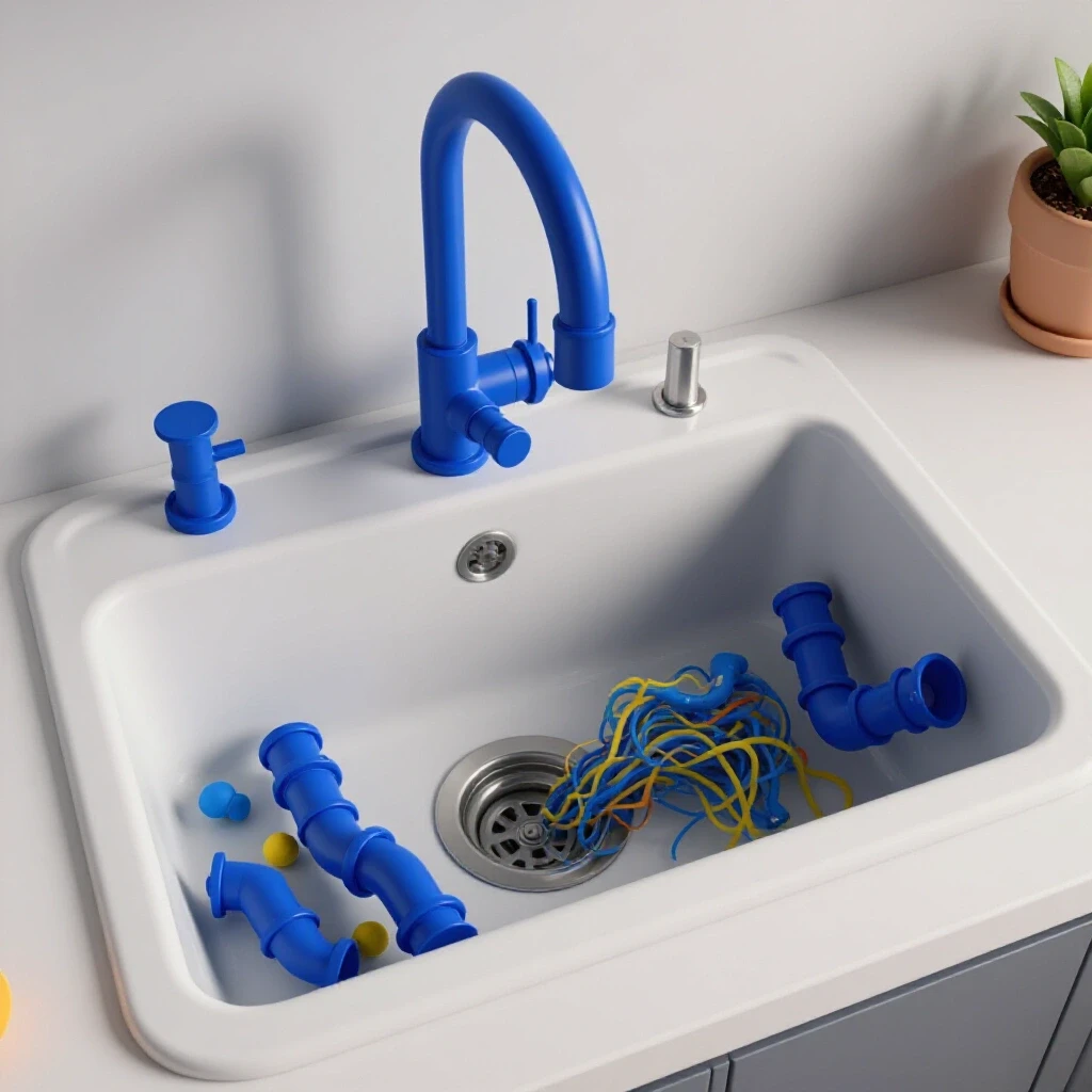 A serene kitchen with a chaotic overflowing sink and tangled pipes, highlighting plumbing issues.
