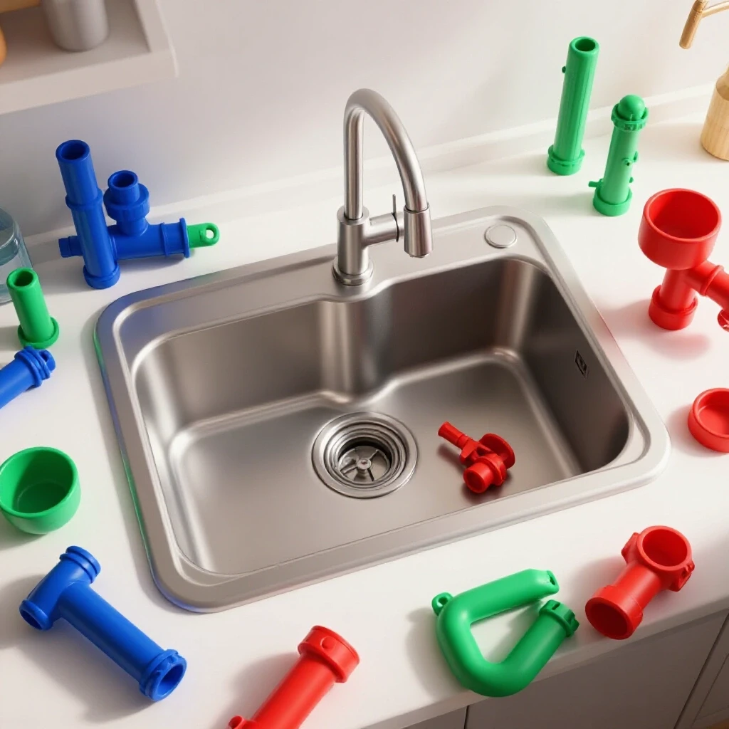 A vibrant, partially disassembled kitchen sink surrounded by colorful plumbing tools in a modern kitchen setting.