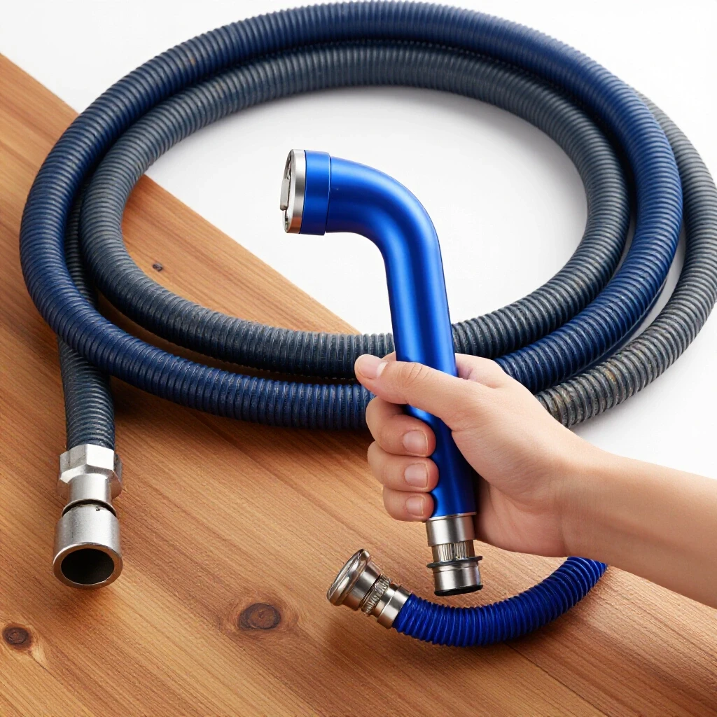 A new shiny kitchen sink sprayer hose held in one hand next to an old worn-out hose on a rustic countertop.