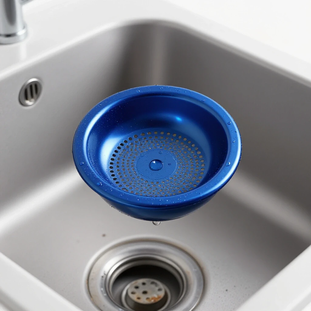 Close-up of a shiny blue sink strainer held above a disassembled old sink, with glistening water droplets.