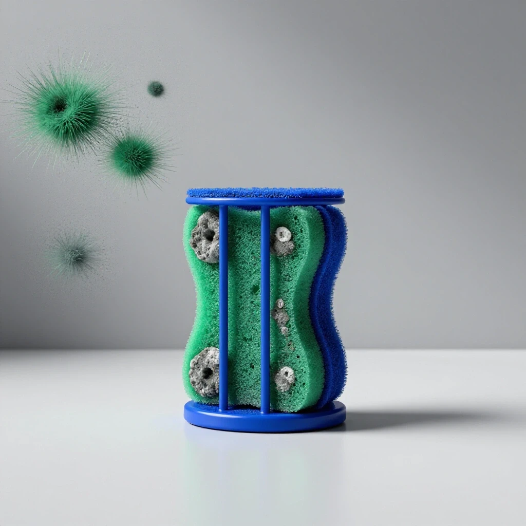 A vibrant kitchen sponge holder in deep blue next to a close-up of contrasting green mold, showcasing durability concerns.