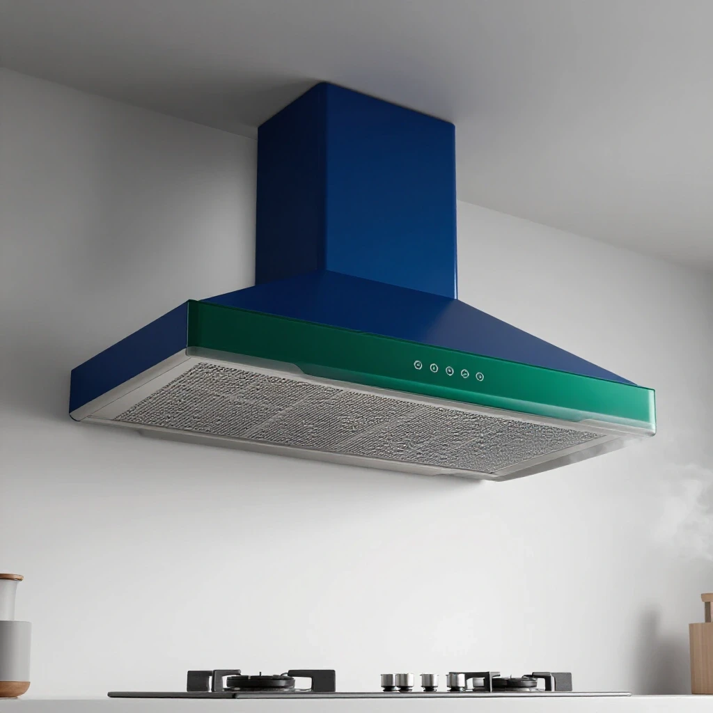 A modern kitchen with a central stylish vent hood, bright atmosphere highlighting its features, smoky background for effect.