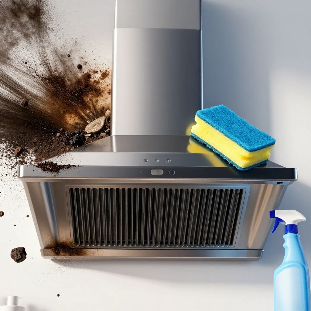 A modern kitchen vent hood surrounded by grime on one side and clean cleaning supplies on the other, highlighting maintenance.
