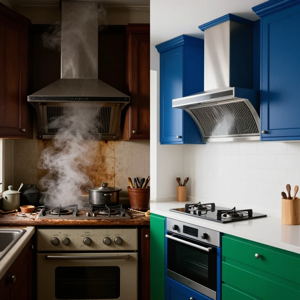 Split image of a cluttered outdated kitchen versus a sleek modern kitchen with advanced venting systems, highlighting the transformation in cooking efficiency.