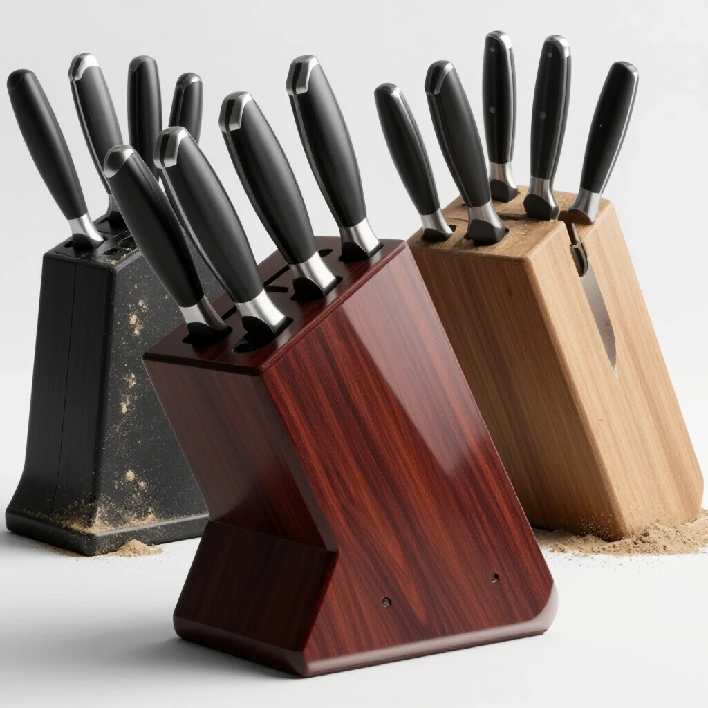A modern knife block with shiny knives in the foreground contrasting with a dusty knife block in the background, emphasizing maintenance.
