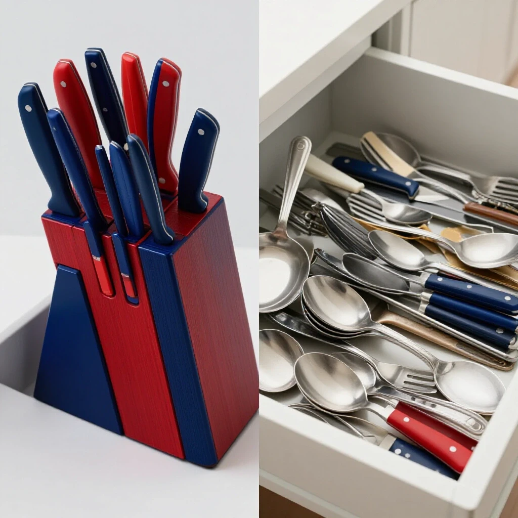 A split image featuring a colorful organized knife block on one side and a cluttered drawer insert filled with scattered utensils on the other.