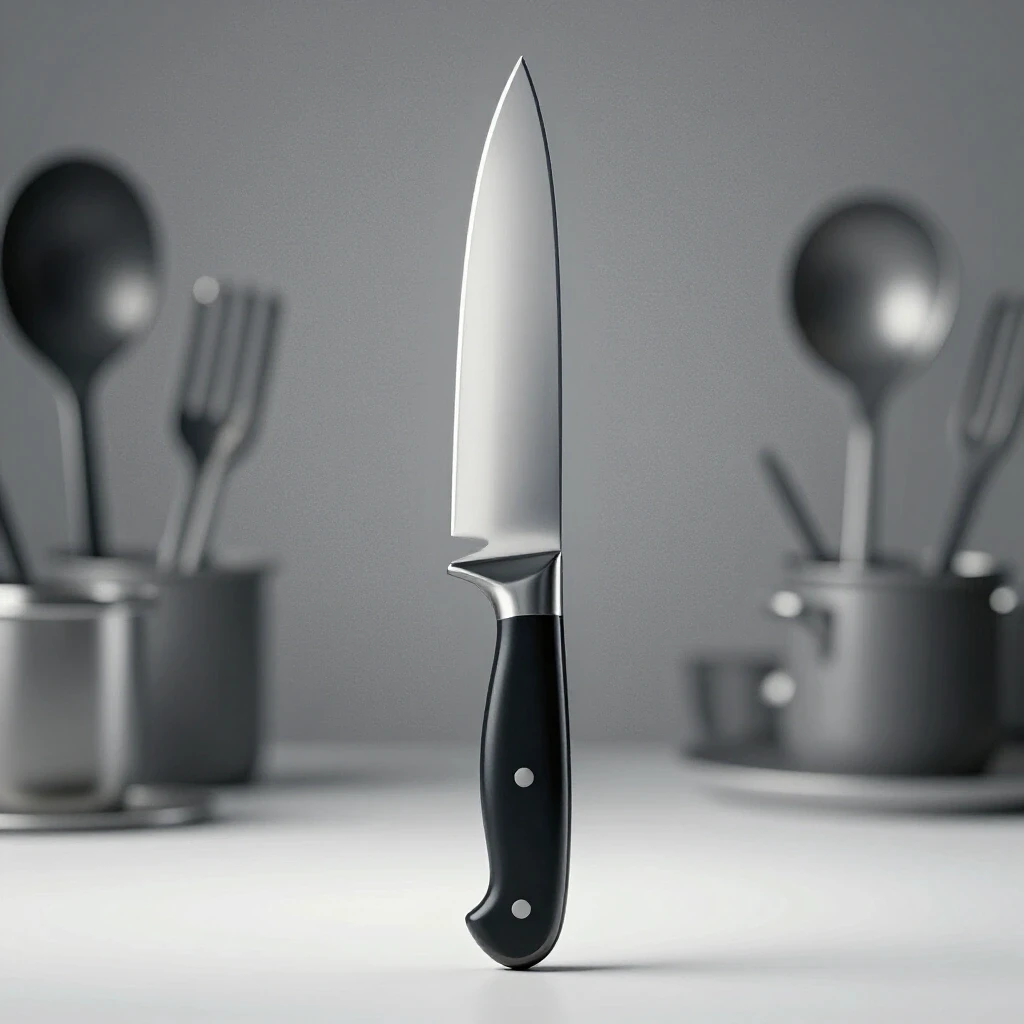 A sharp kitchen knife in focus, set against a blurred backdrop of dull utensils, emphasizing its precision and quality.