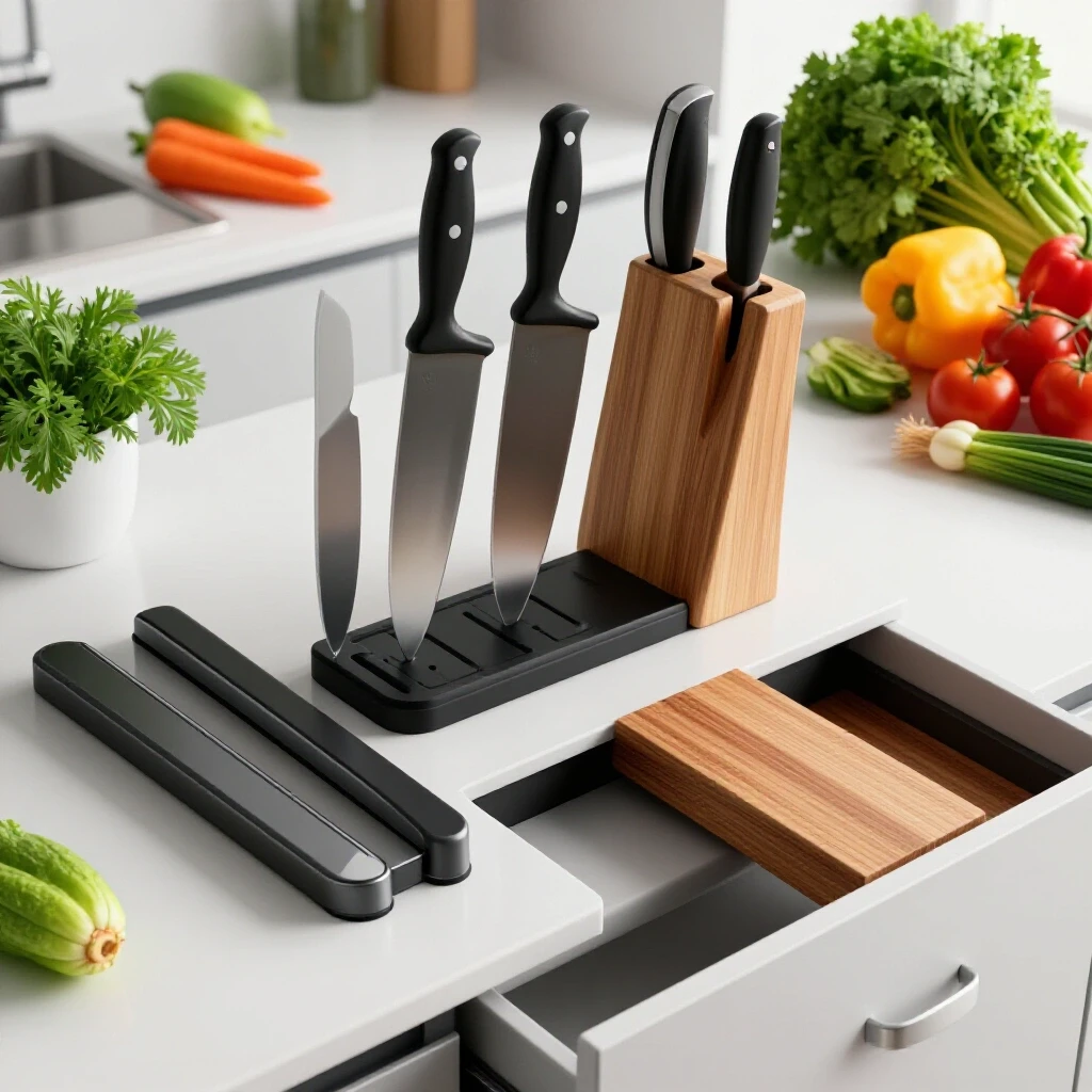 Sleek kitchen countertop showcasing various knife storage solutions with vibrant vegetables and herbs in the background.