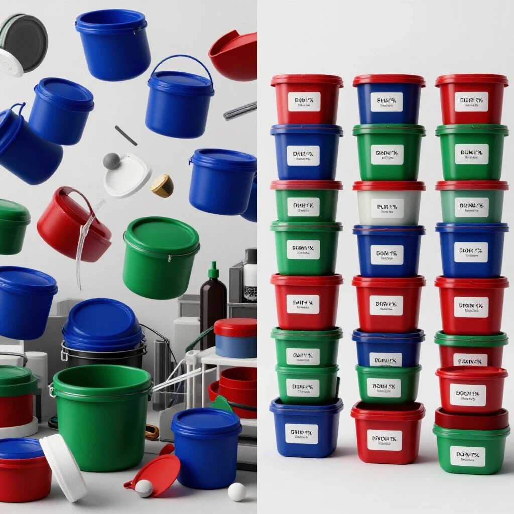 A split-image showing a chaotic, cluttered space on one side and an organized section with vibrant, labeled containers on the other, highlighting home organization.