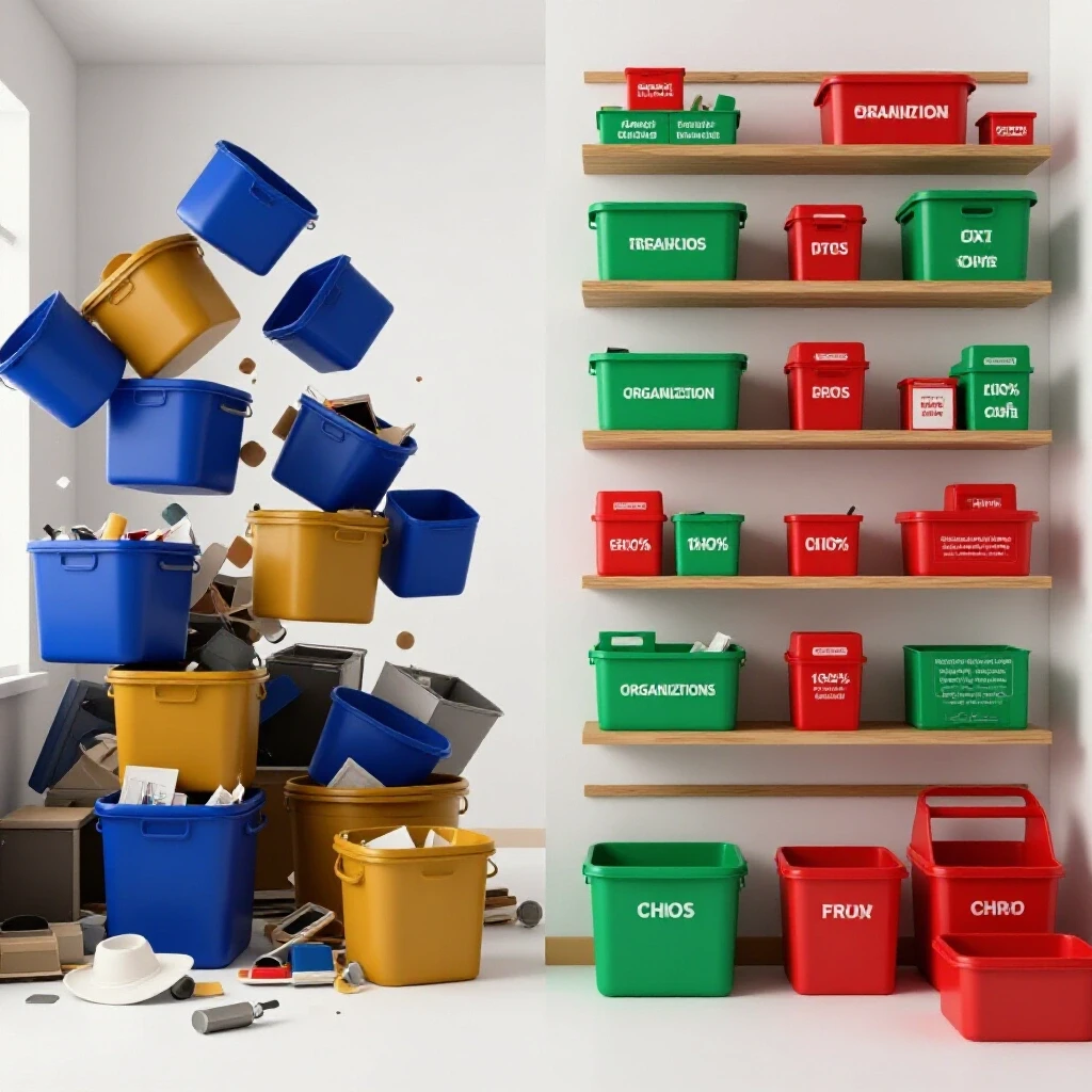 Split-screen image comparing a chaotic cluttered space with organized storage solutions featuring stylish labeling systems.