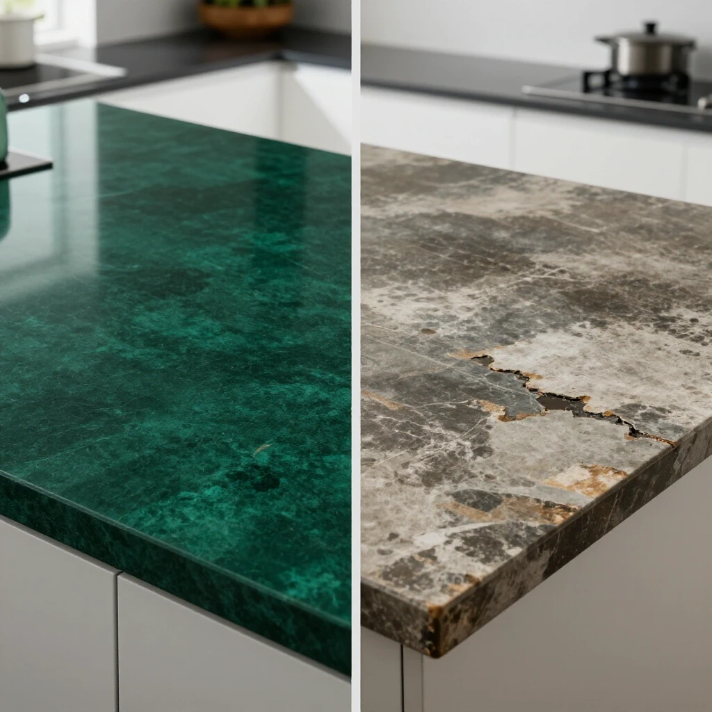 A split-image showing a pristine laminate countertop on one side and a worn-out surface on the other, illustrating pros and cons.
