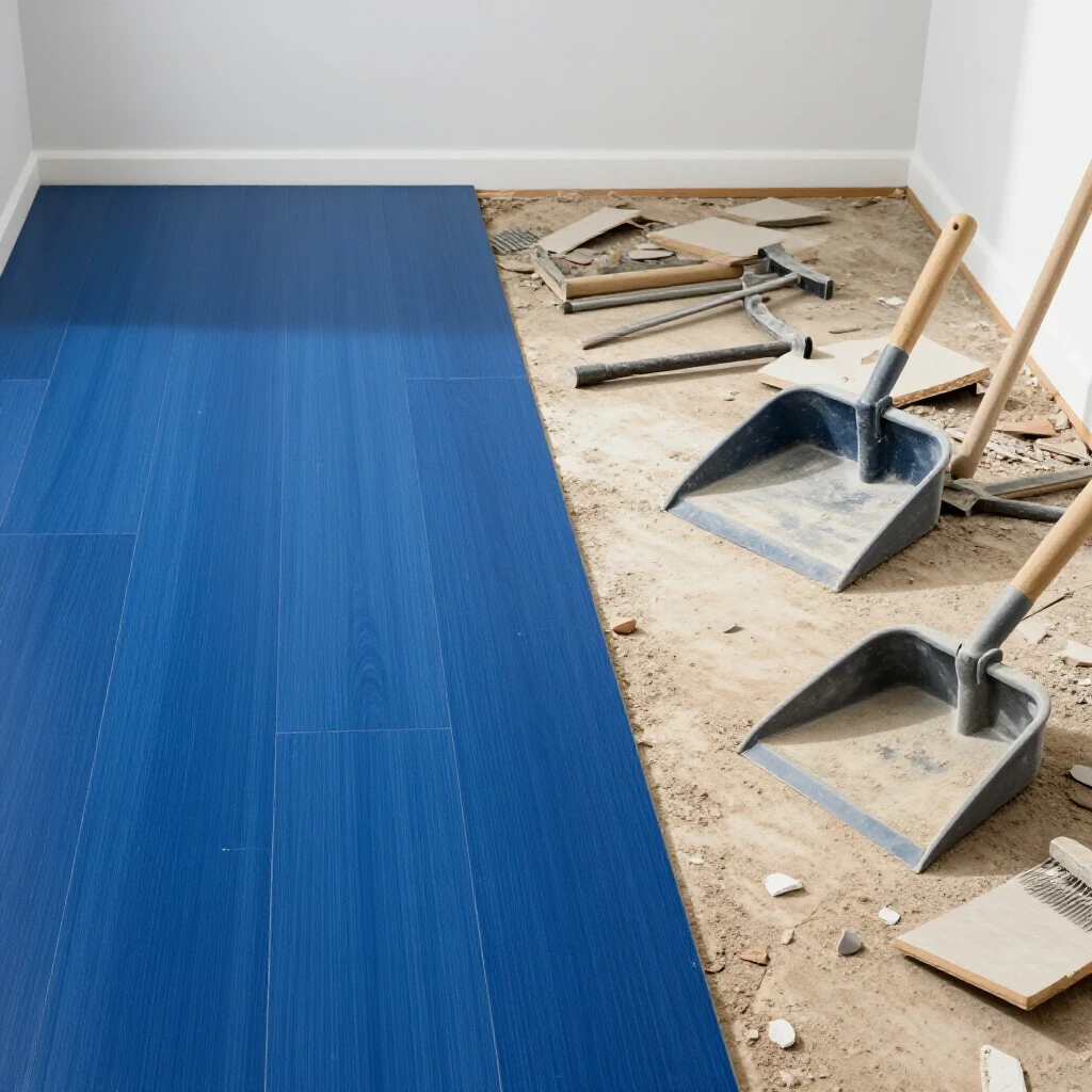 A before-and-after illustration of a laminate flooring tear-out process, with a finished glossy blue floor and chaotic tear-out debris.
