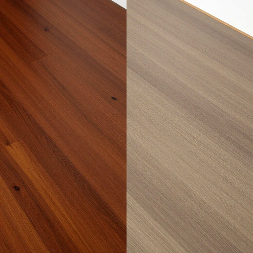 Split image showcasing rich hardwood flooring on one side and glossy laminate flooring on the other, highlighting textures and contrasts.