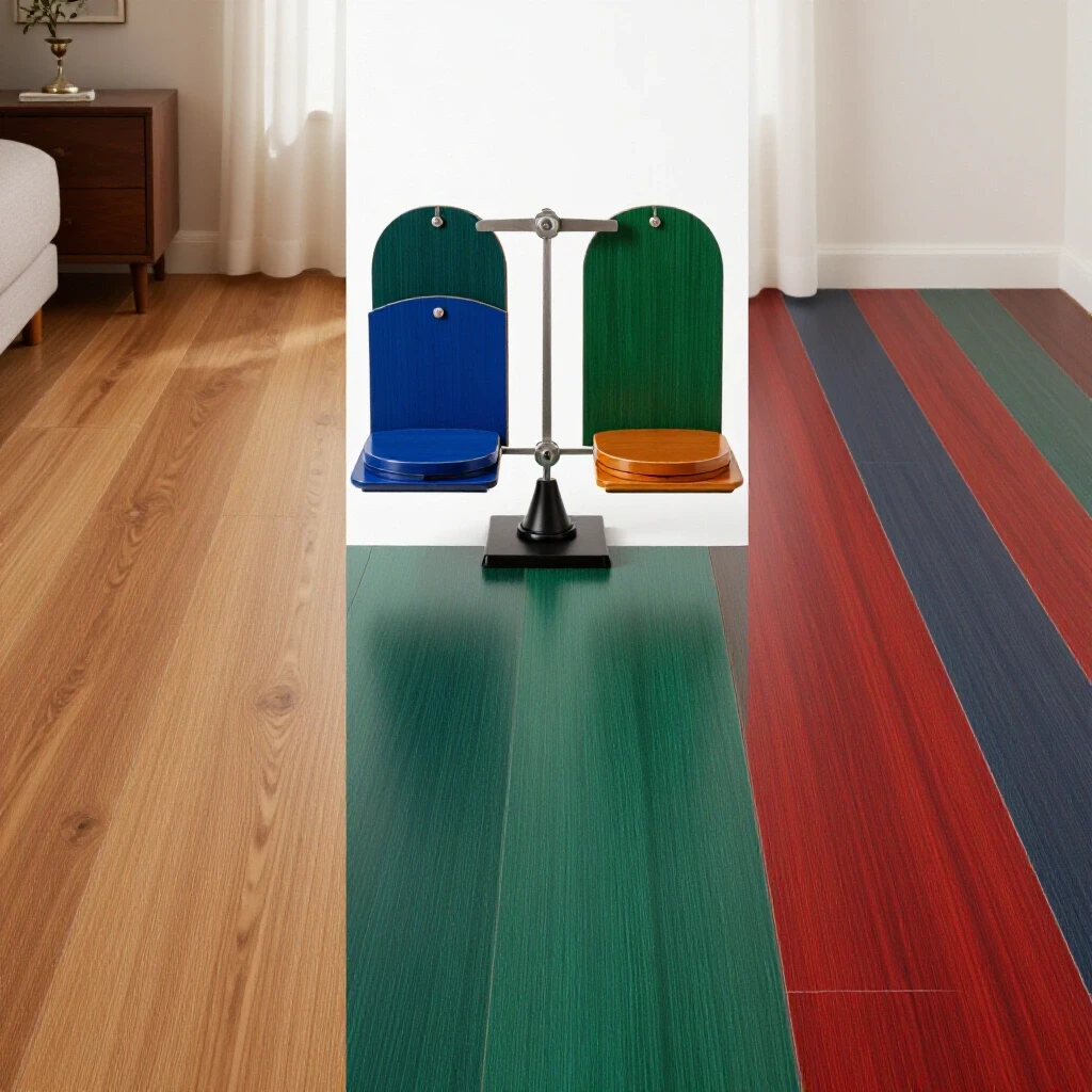 A split image comparing warm laminate flooring with cool vinyl flooring in a bright studio setting.